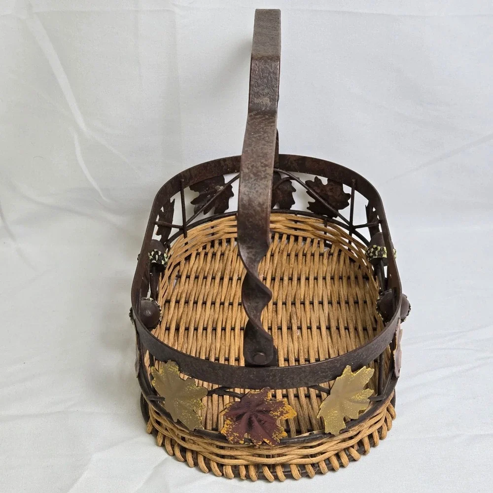 Decorative Basket Woven Wicker Base Metal Rim With Fall Autumn Leaves Acorns 11